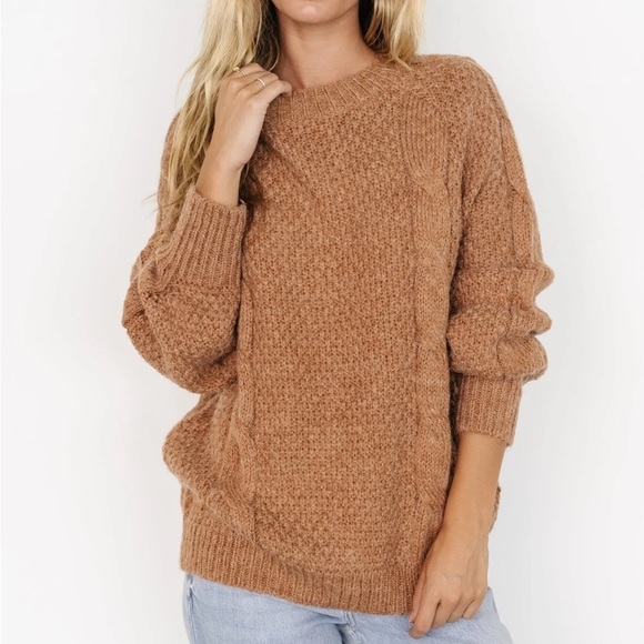 In Loom Tan Camel Brown Chunky Cable Knit Wool Sweater Size S NWT - Picture 3 of 16